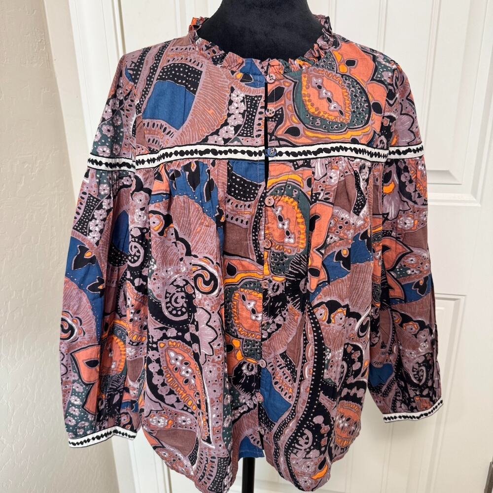 Cleobella Peasant Blouse Med. Jillian Paisley 100% Organic Cotton Handmade Boho